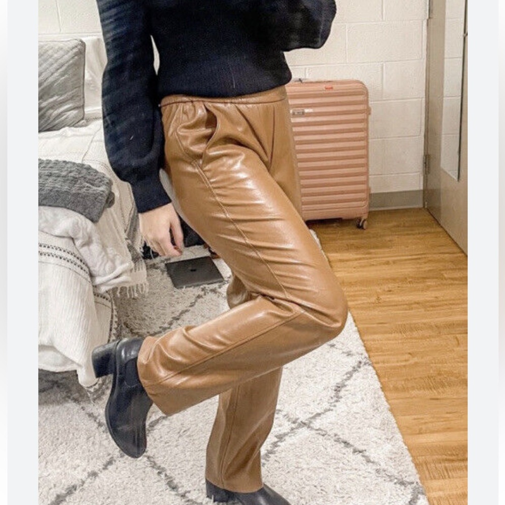 Joie Cognac Vegan Leather Pull-On Straight Leg Pants - Picture 2 of 5